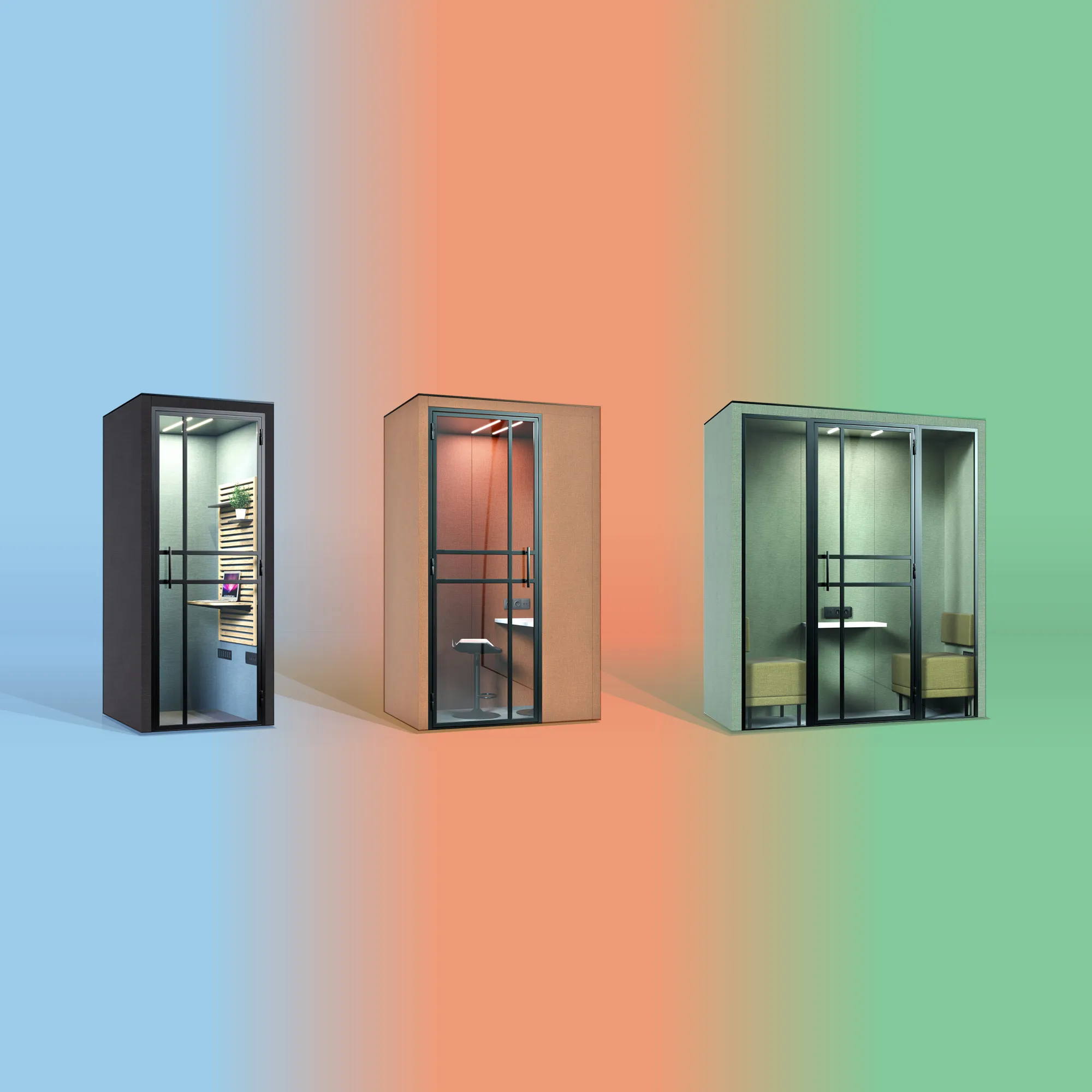 De akoestische, geluidsarme cabines HalloPod 1, 2 en Mini Office voor privé telefoneren, concentratie werk en vergaderen van het merk CoGa