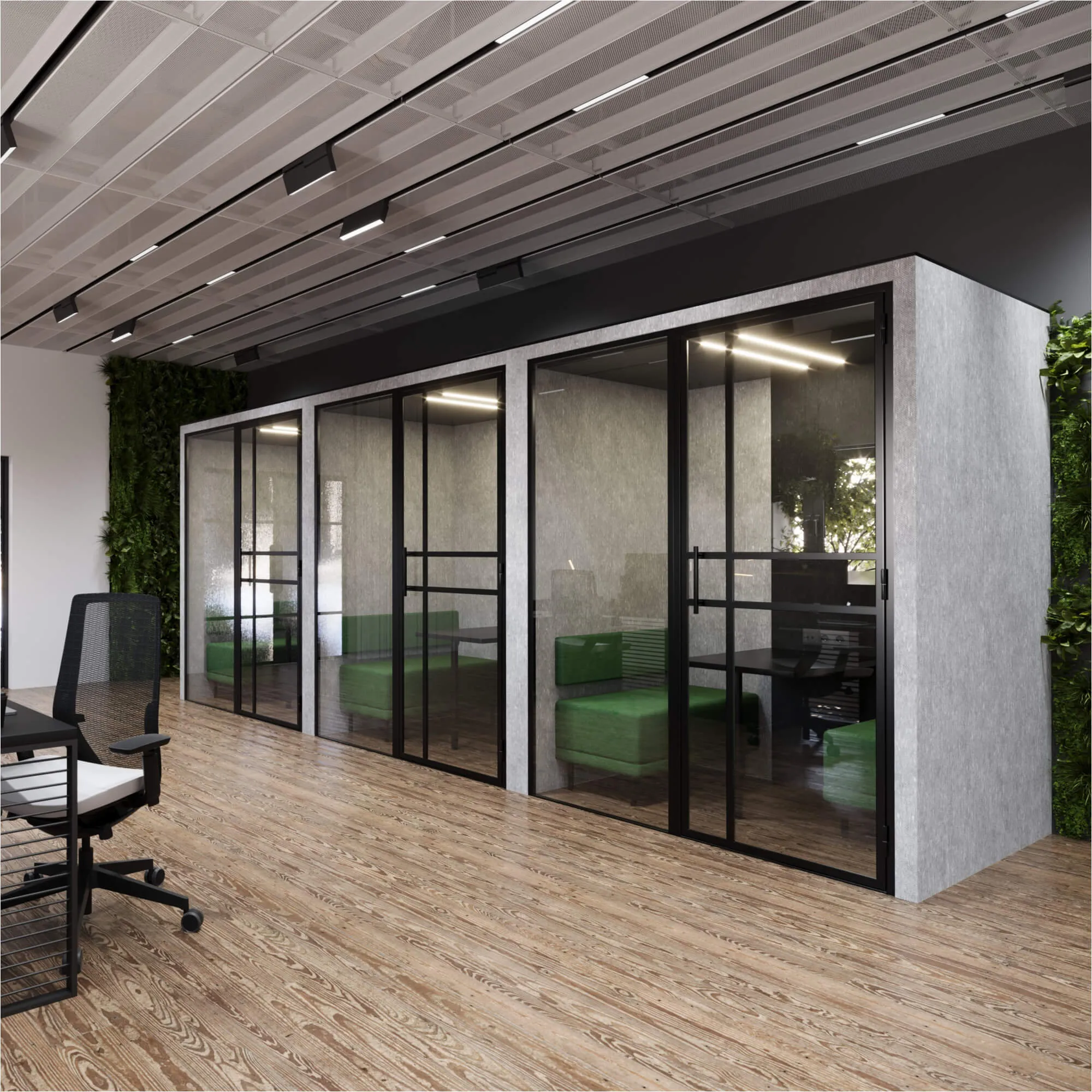 En opstelling van 3 grijze HalloPod 3 vergadercabines voor privégesprekken van het merk CoGa met een groen-grijs interieur met een tafeltje