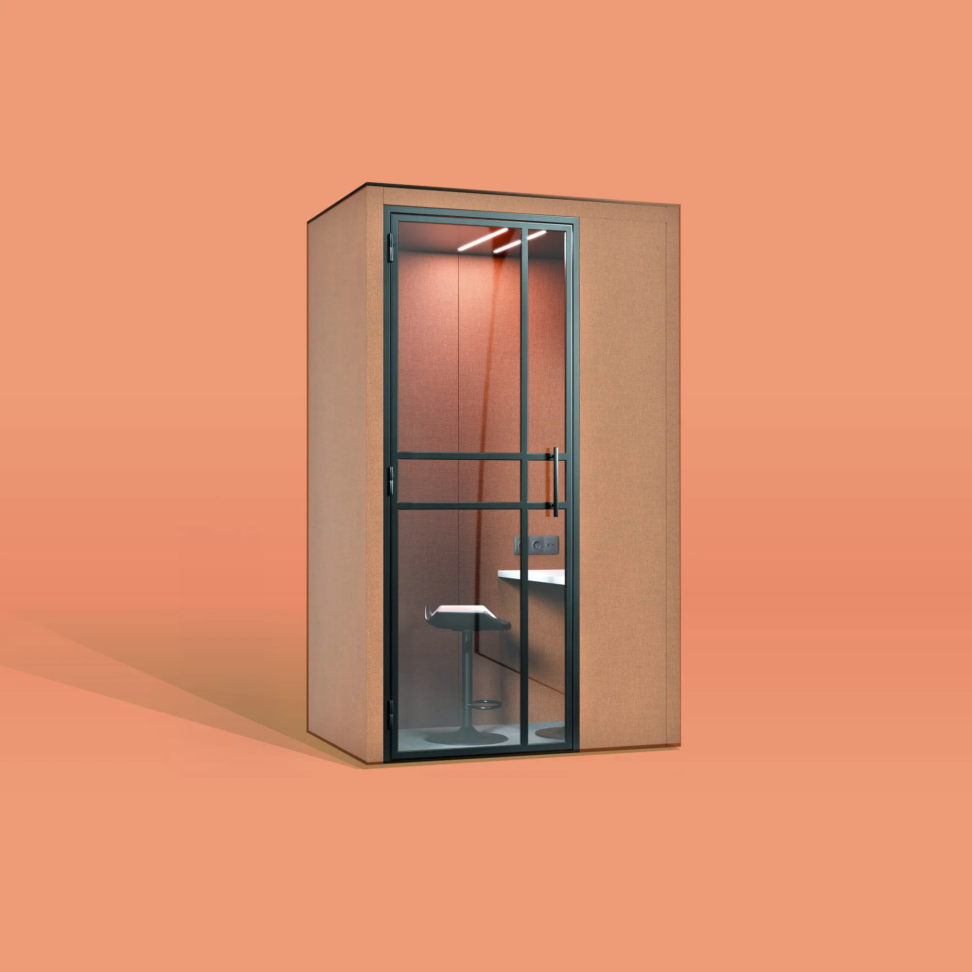Een rode Mini Office werkcabine voor concentratie werk van het merk CoGa met een bruin-rood interieur met stahulp