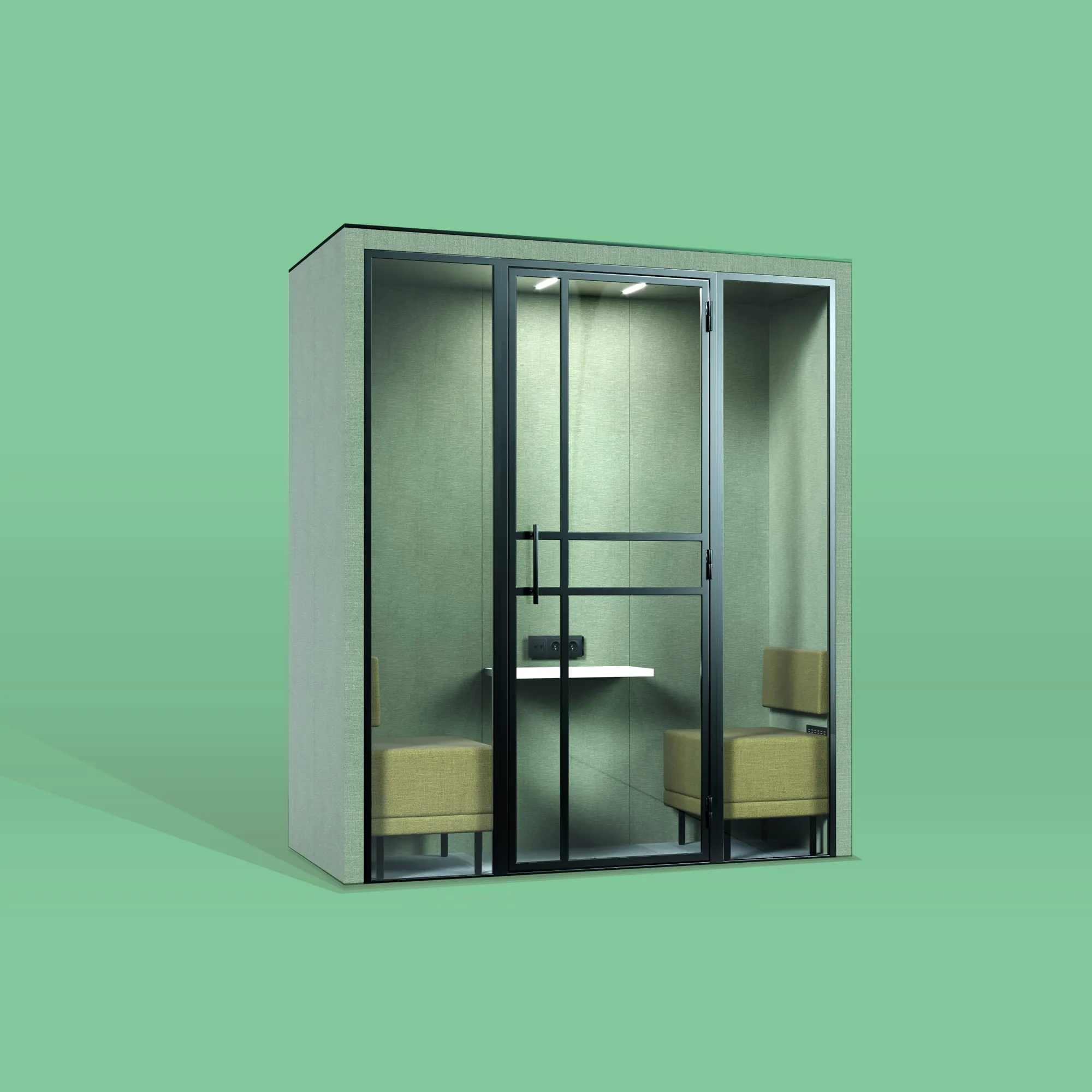 Een groene HalloPod 2 vergadercabine voor privégesprekken van het merk CoGa met een groen interieur met een tafeltje