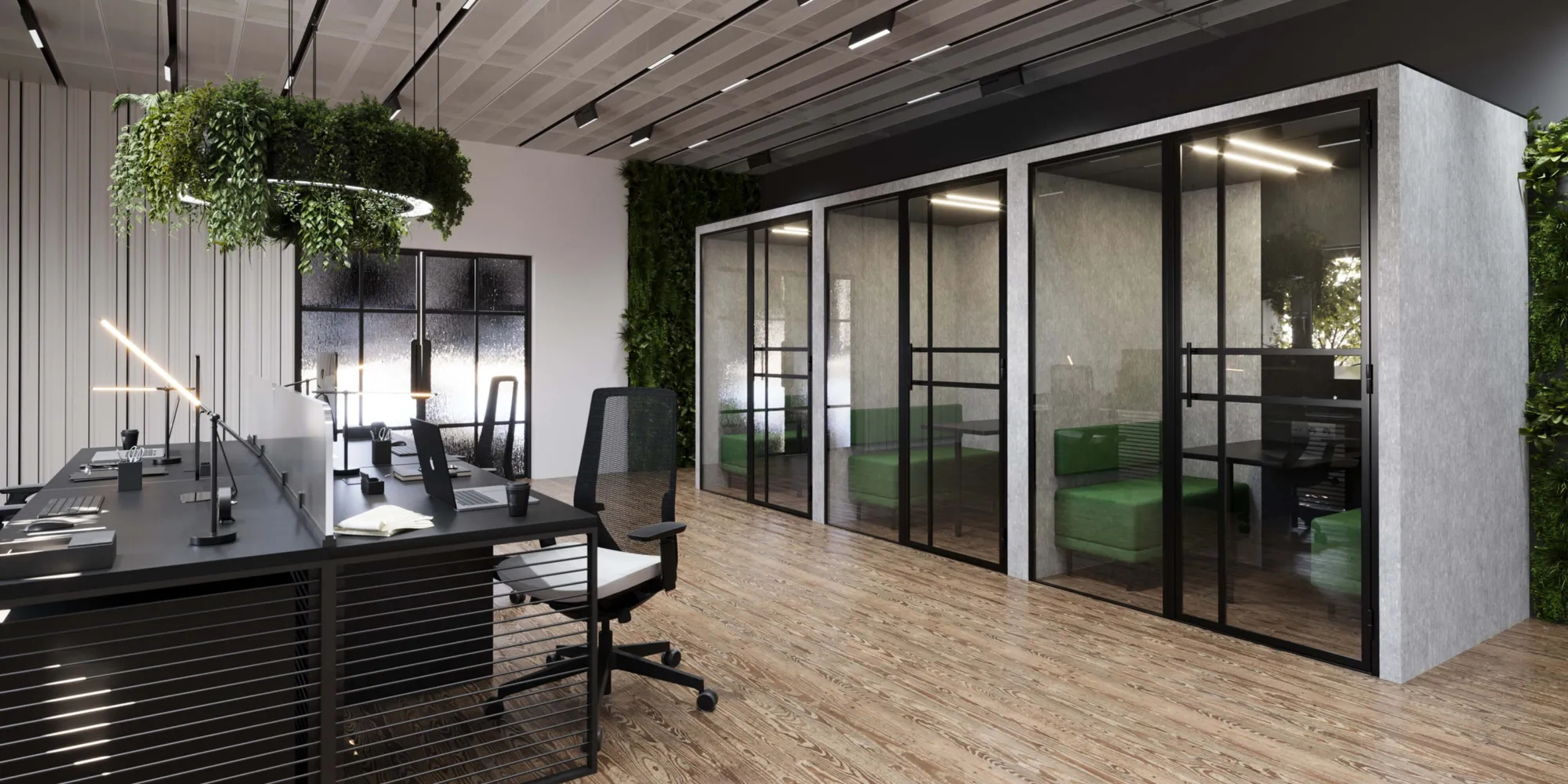 En opstelling van 3 grijze HalloPod 3 vergadercabines voor privégesprekken van het merk CoGa met een groen-grijs interieur met een tafeltje