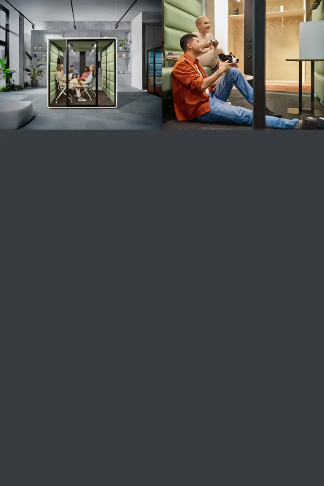 Een bespreking van 4 personen in een Hushfree L en 2 mensen die zitten te gamen in een geluidsdichte cabine van het merk Mikomax