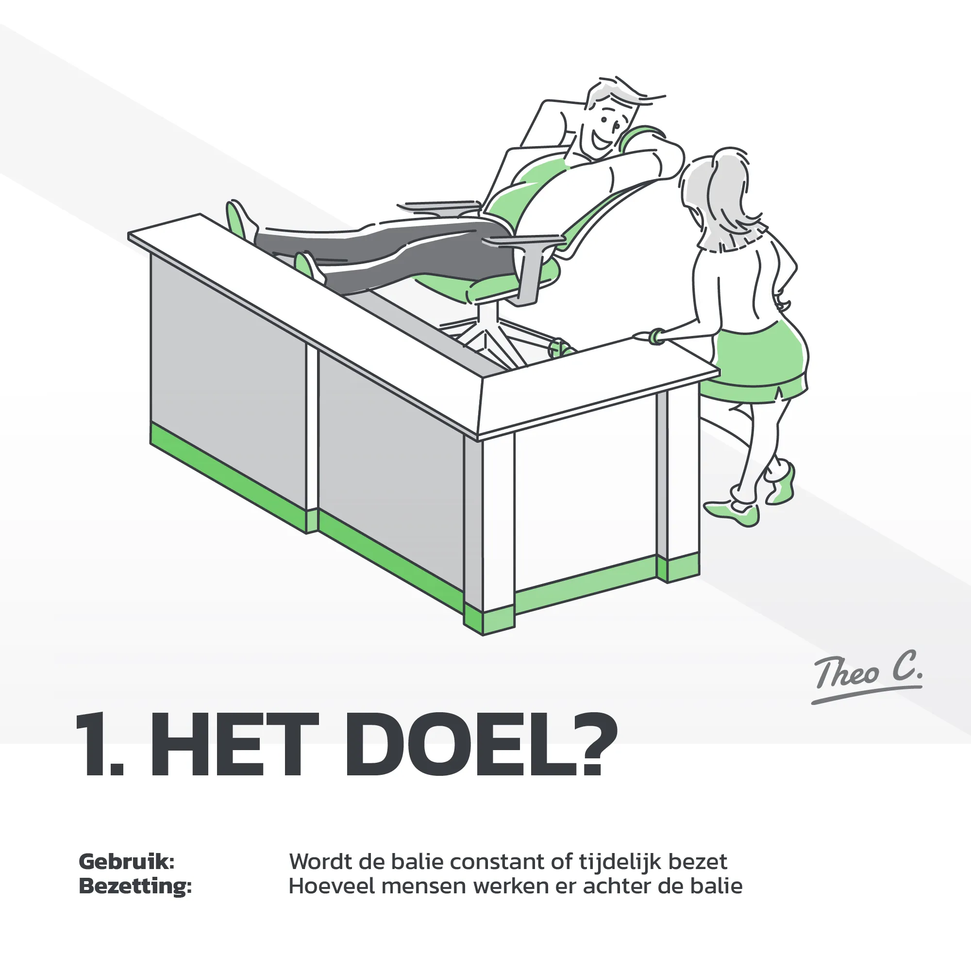 Een illustratie van een scene tussen een man een vrouw waarin het doel van de balie uitgelicht wordt