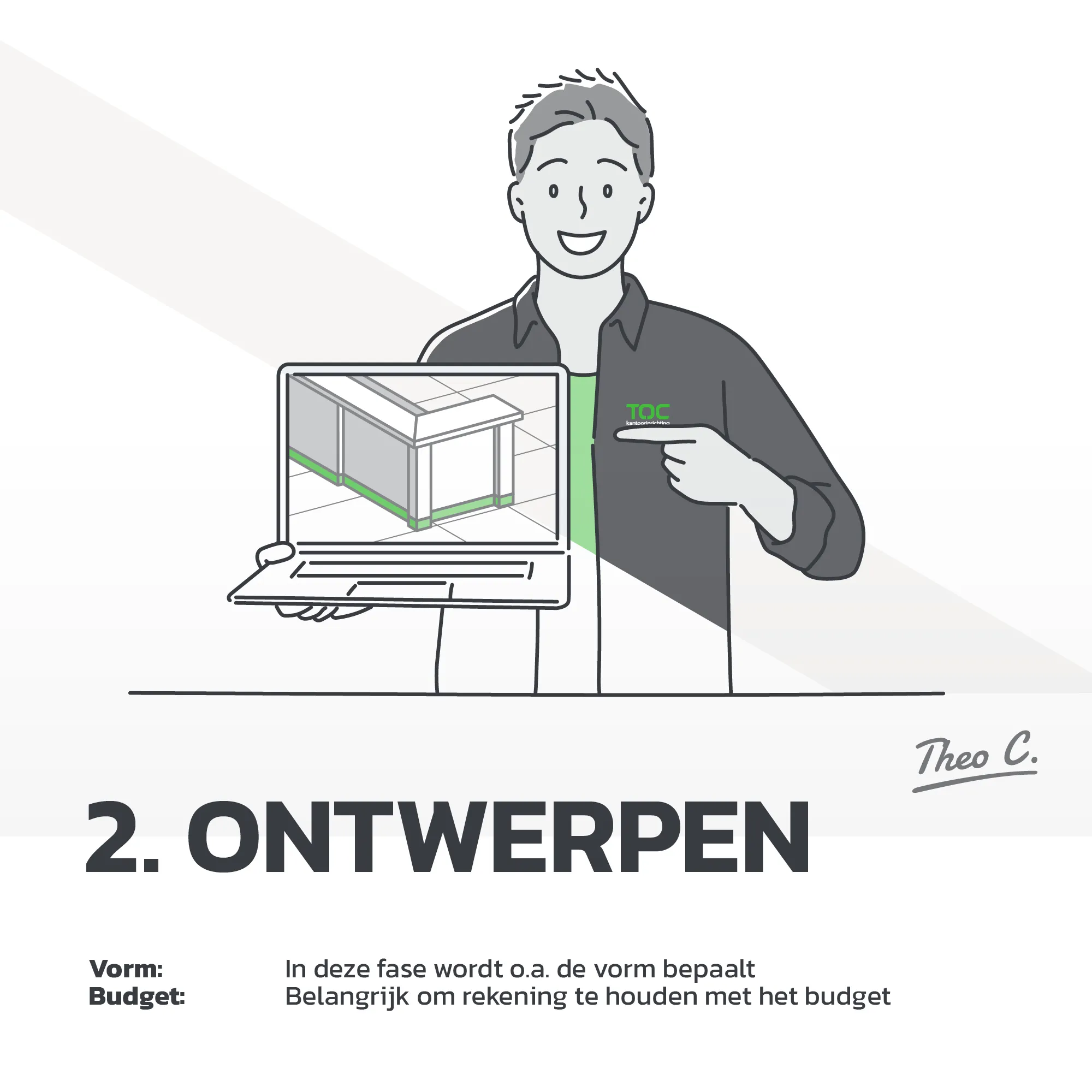 Een illustratie van projectadviseur die met zijn laptop een 3D ontwerp van een balie laat zien