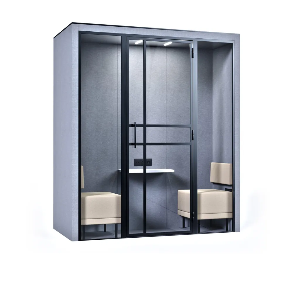 Een blauw-grijze HalloPod 2 vergadercabine voor privégesprekken van het merk CoGa met een blauw-grijs interieur met een tafeltje