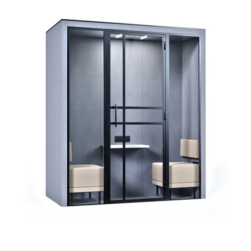 kantoor-belcabine-TOC-HP2-1000x1000px1 Een blauw-grijze HalloPod 2 vergadercabine voor privégesprekken van het merk CoGa met een blauw-grijs interieur met een tafeltje