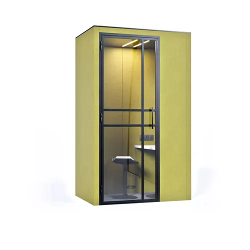 kantoor-werkcabine-hallo-mini-office-1000x1000px1 Een geel-groene Mini Office werkcabine voor concentratie werk van het merk CoGa met een geel-groen interieur met stahulp