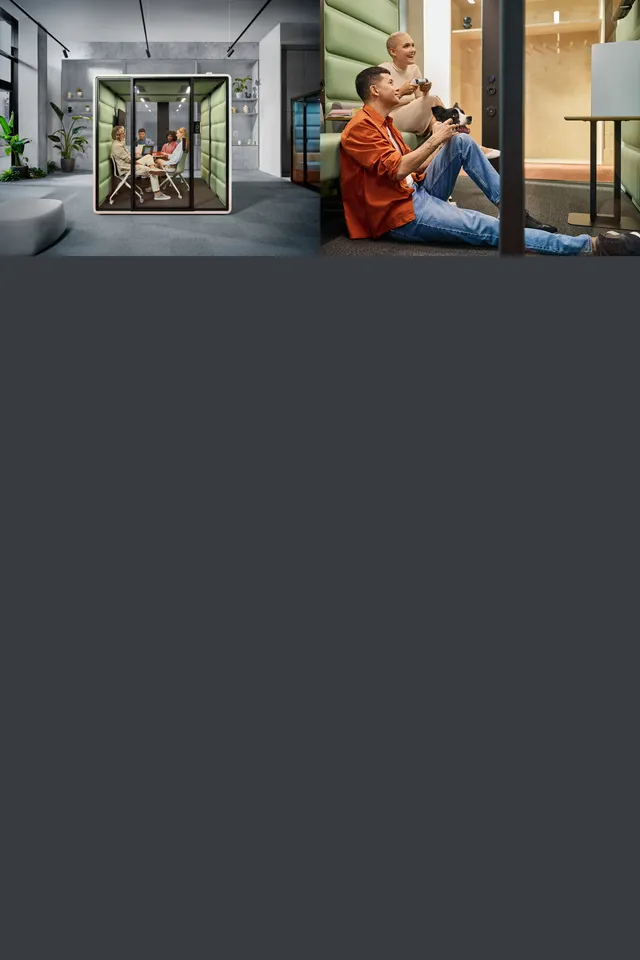Een bespreking van 4 personen in een Hushfree L en 2 mensen die zitten te gamen in een geluidsdichte cabine van het merk Mikomax