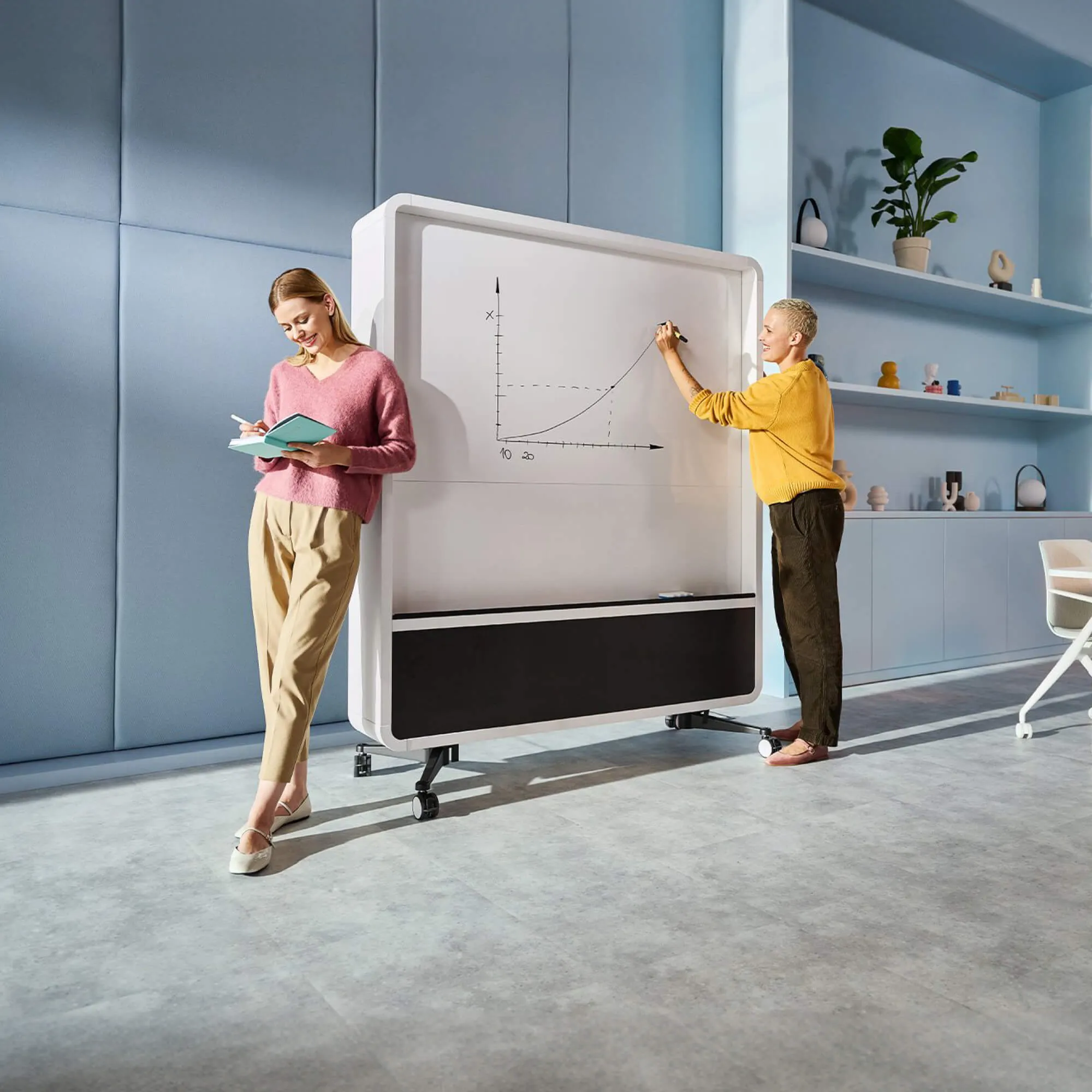 kantoor-mikomax-hushwall-1000x1000px Twee vrouwen die op kantoor aan het werk zijn, gebruikmakend van een hushwall whiteboard van Mikomax
