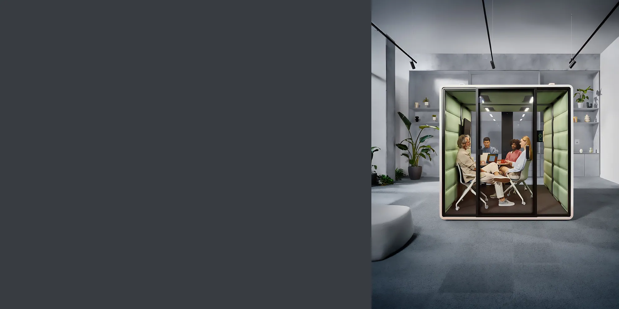 kantoor-mikomax-vergadercabine-hushfree-m-2000x1000pxNOWA Een bespreking van 4 personen in een Hushfree L geluidsdichte cabine van het merk Mikomax