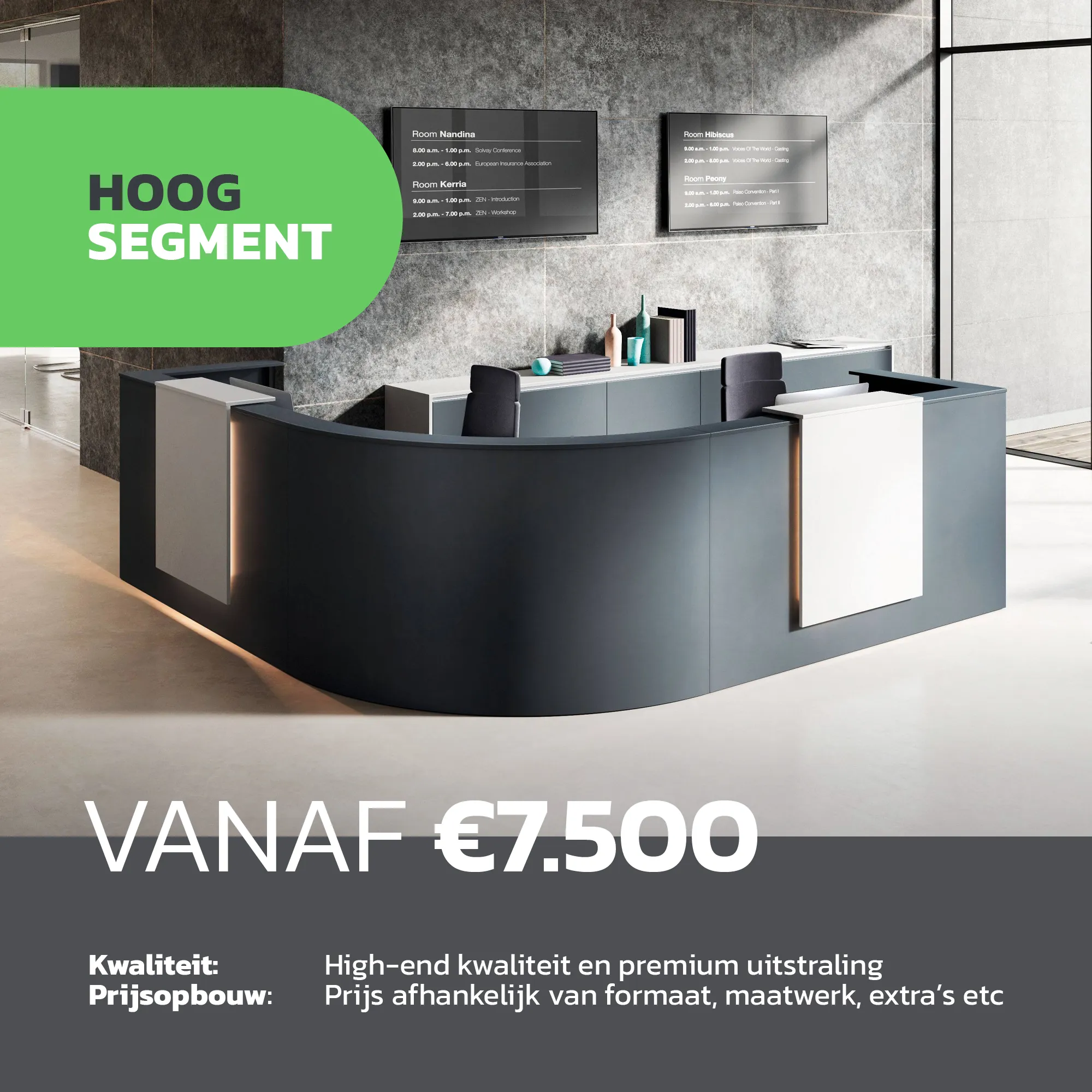 Een prijsindicatie van een hoogsegment, premium balie